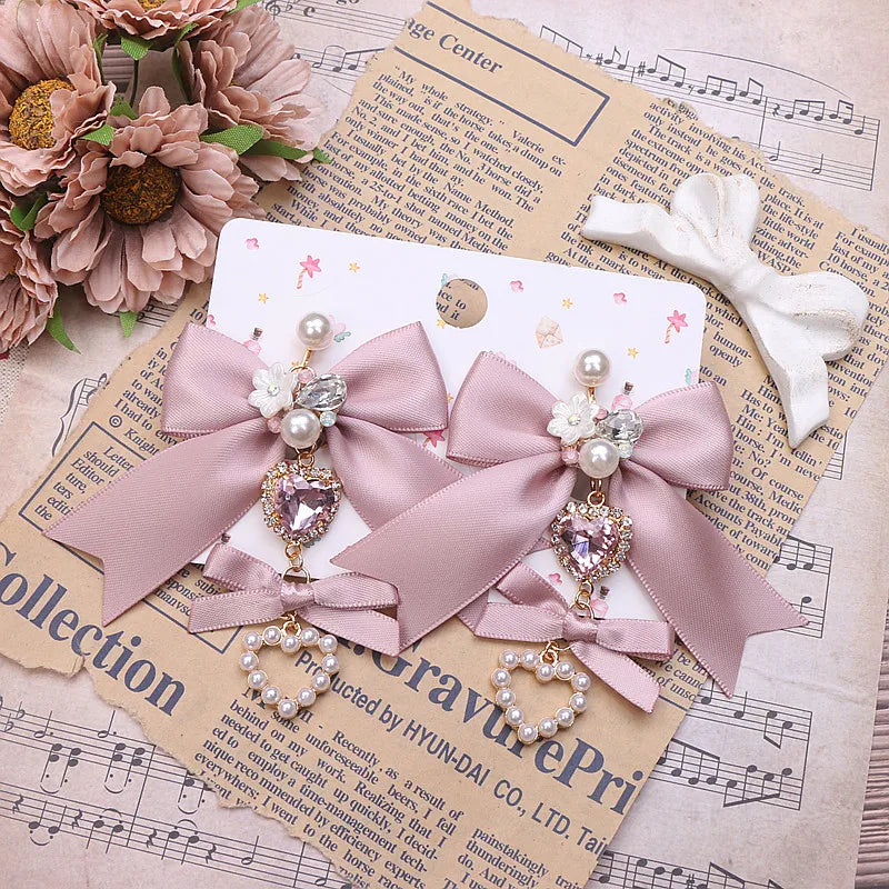 Soft Pink Lolita Earrings Handmade Bow Chic Sweet Girl's Earrings Clips for without Ear Holes/Needles Earring for Woman