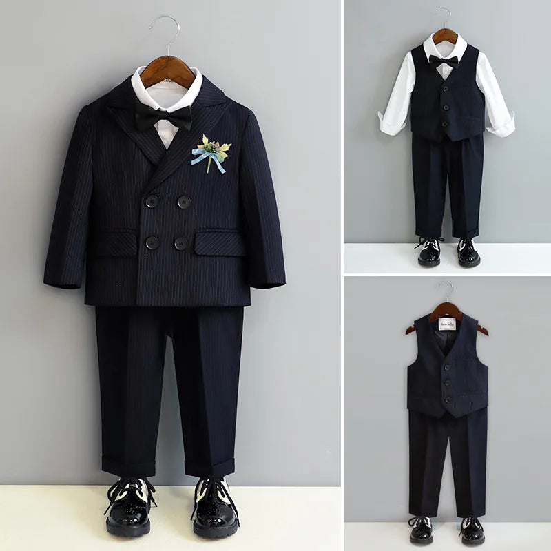 Kids Ceremony Attire blue Fashion Stripe Piano Performance Tuxedo Boys Wedding Suit Formal Children School Uniform Blazer Set