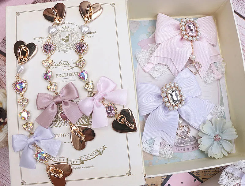 Japanese Sweet Cute Handmade Rhinestone Bow Hairpin Pearl Lace Hairclips Lolita Women Girls Side Clip Bag Pendant Handbag Charms