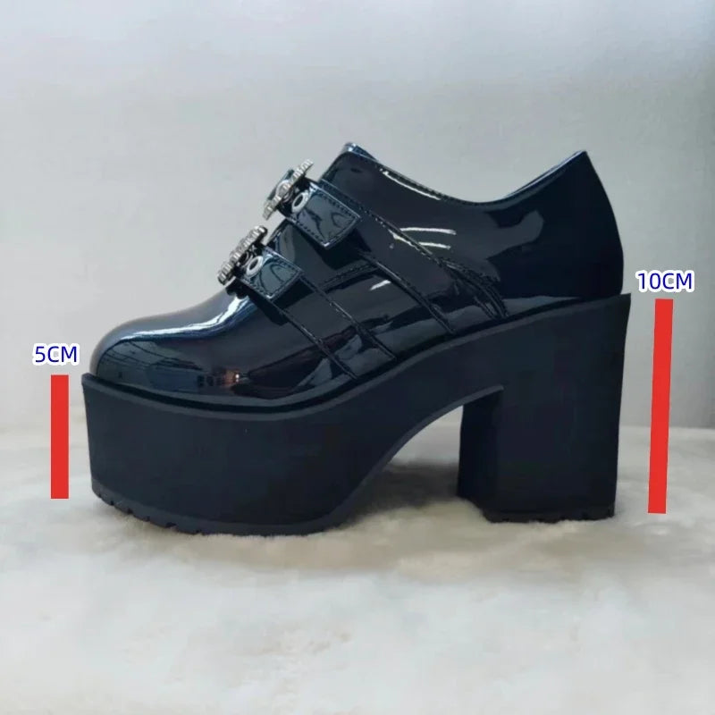 Japanese Mine Series Round Drill Buckle JK Patent Leather Shoes Student Mass-Produced Platform High Heels Uniform Women's Shoes