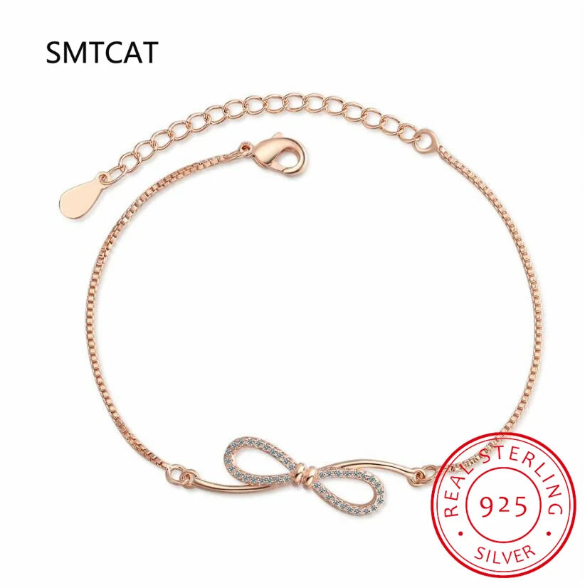 Real 925 Sterling Silver Bowknot Bracelet for Women Shiny Zircon Infinity Love Bracelet Homme Wedding Party Jewelry Gifts