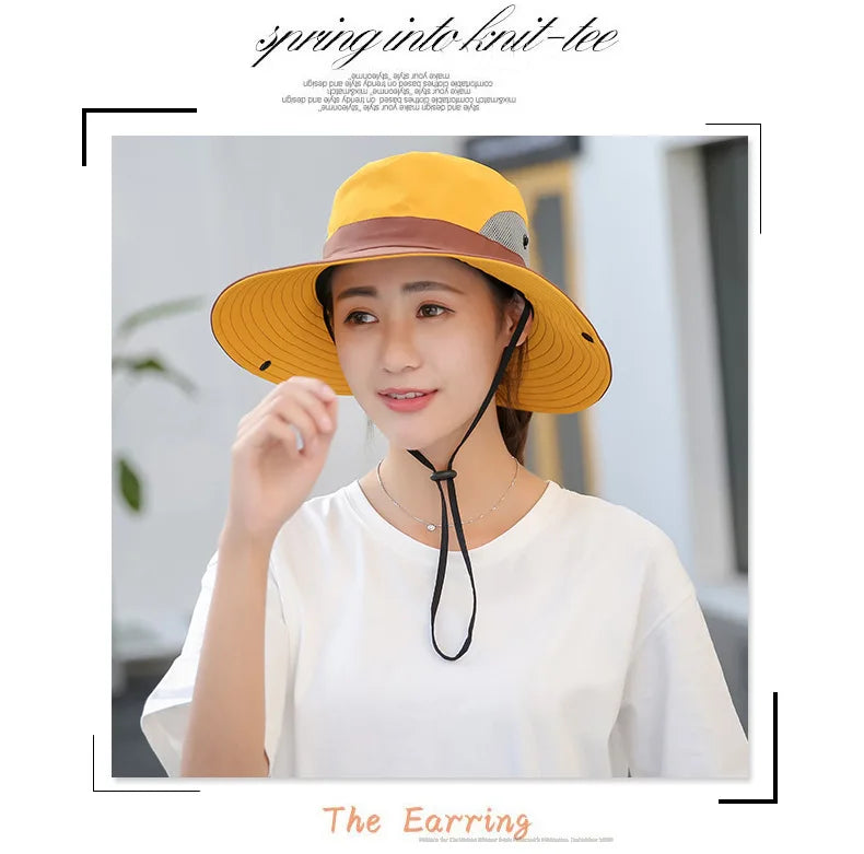 Women Summer Adjustable Bucket Hat with a Ponytail Hole Girls Sun Protection Hiking Cap Parent-child Outdoor Wide Brim Headgear