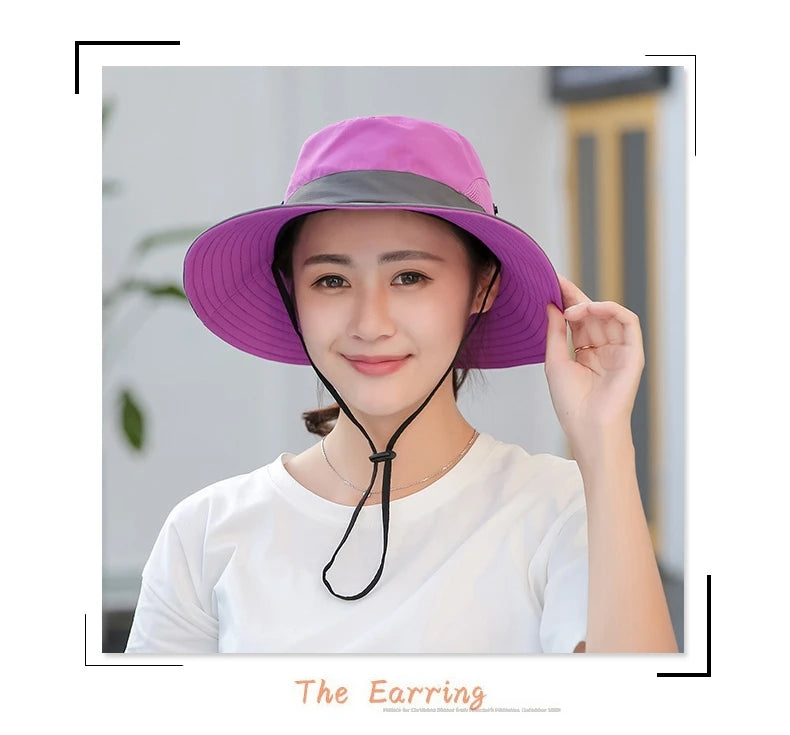 Women Summer Adjustable Bucket Hat with a Ponytail Hole Girls Sun Protection Hiking Cap Parent-child Outdoor Wide Brim Headgear
