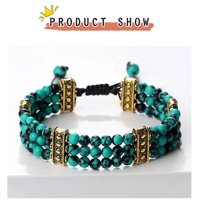 Natural Stone Beads Bracelet 4mm Malachite Black Lava Yoga Energy Hot Couple For Women Men Jewelry Braided Rope Knot Bangle Gift