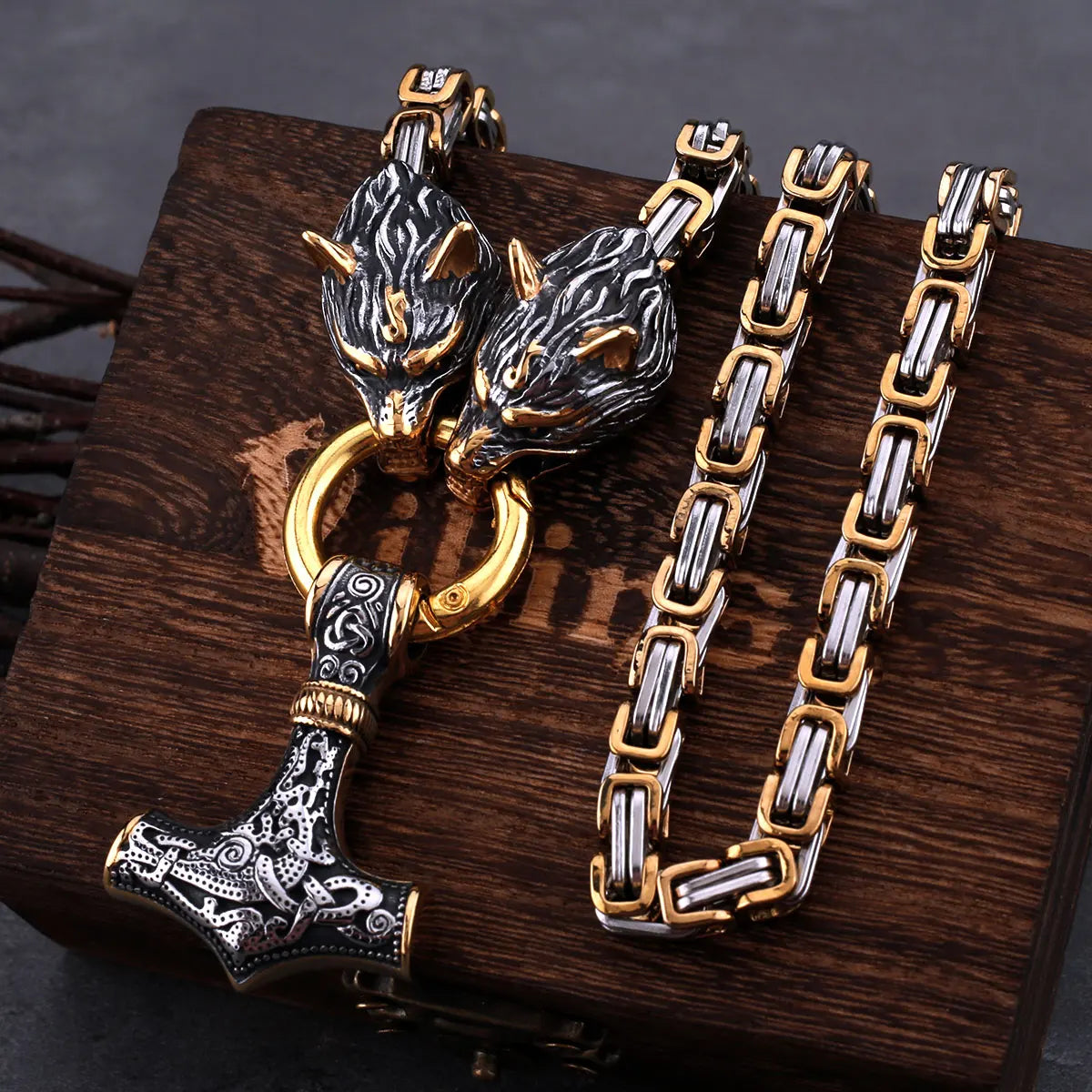 High Quality Viking Wolf Head Thor's Hammer Set Necklace Pendant Stainless Steel Biker Party Personality Men's Jewelry Gift