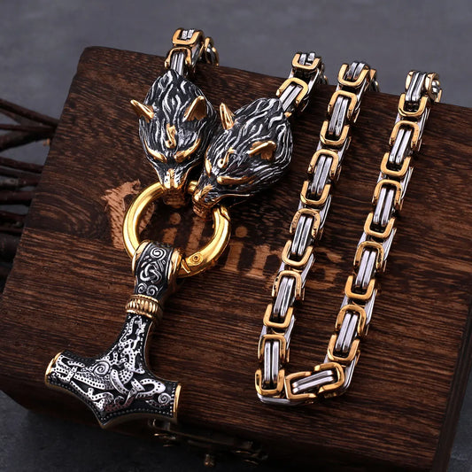 High Quality Viking Wolf Head Thor's Hammer Set Necklace Pendant Stainless Steel Biker Party Personality Men's Jewelry Gift