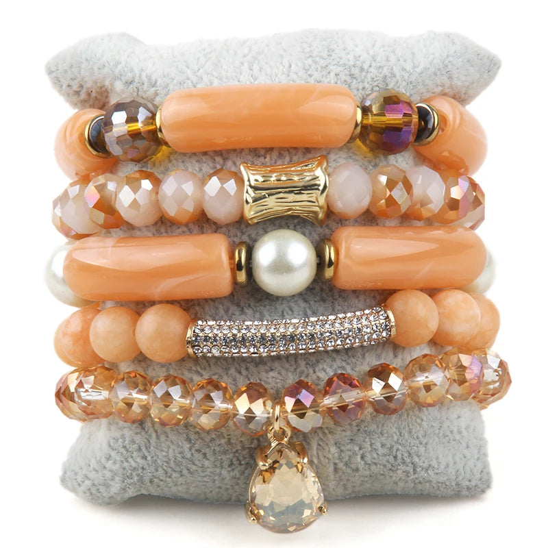 RH Fashion Bohemia Beaded Jewelry Big Acryl Pipe Wood Bracelets 5pc Stack Punk Stone Bracelets Set For Women Festival Gift