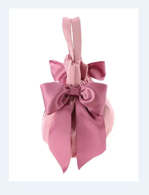 Japanese Style New Double-Sided Drawstring Bags Sweet Cute Girl Ladies Satin Bow Crossbody Shoulder Portable Handbag