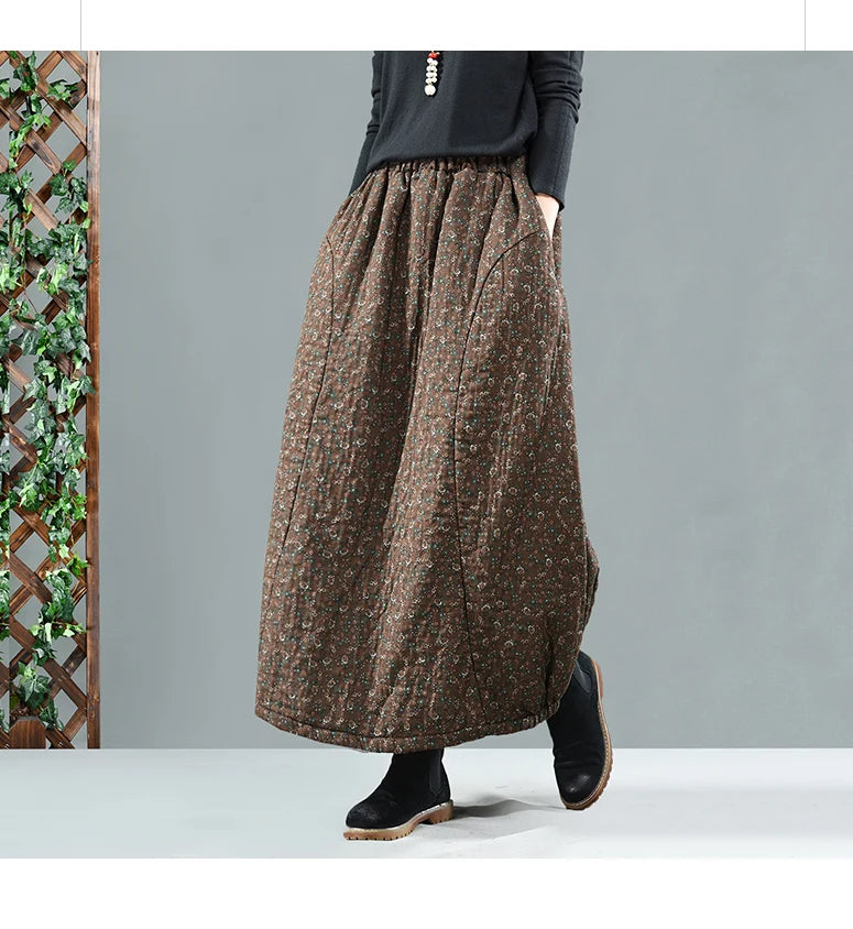 Careaymade New Autumn Winter Print Cotton Skirt Women Elastic Waist Thick Warm Long Skirts Female Loose Vintage Skirts