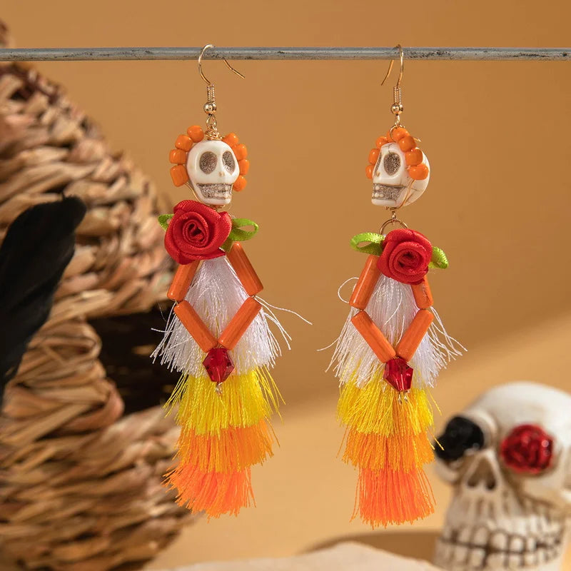 Halloween Skeleton Bride Skull Tassel Ear Dangle Earrings for Women Gothic Skull Drop Earrings Festival Party Jewelry Gift