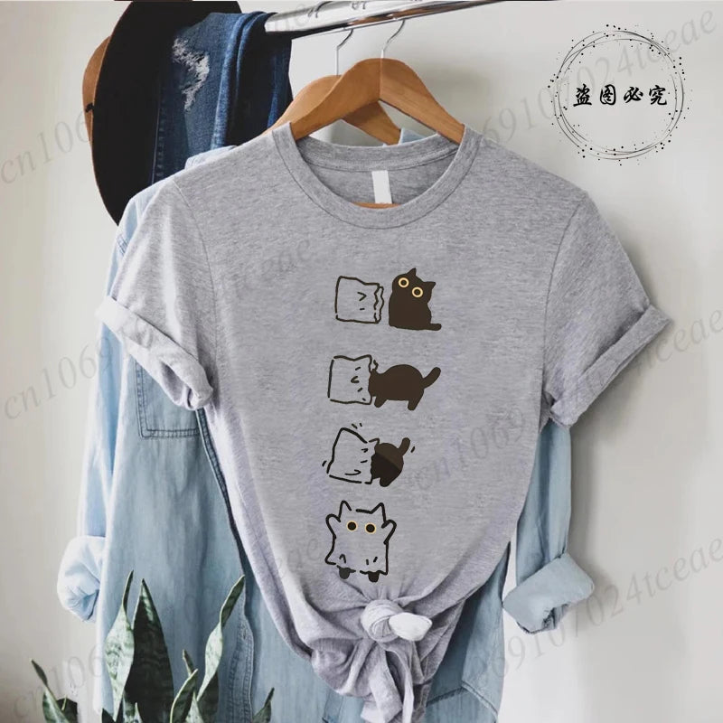 Boo Black Cat Print Women T-shirt Fashion Summer Tee Clothing Short Sleeve Harajuku Streetwear Casual Shirt Halloween Tee Tops