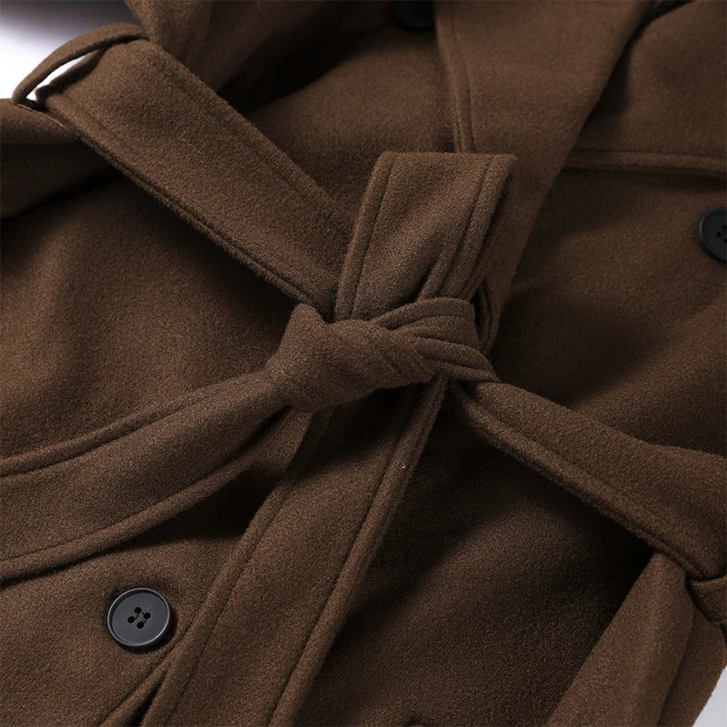 Elegant Woolen Long Coats Women Double-breasted Turn-down Collar Full Sleeves Jackets 2025 Autumn Winter Fashion Outwears Lady