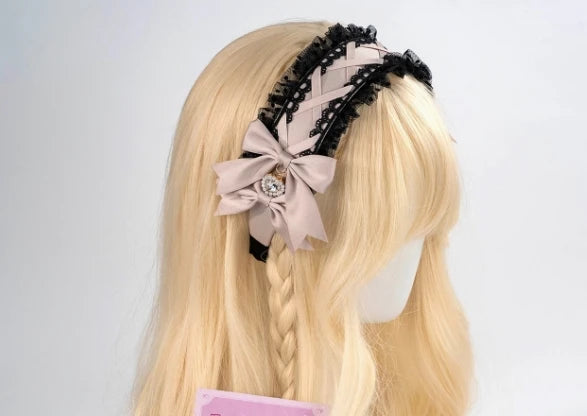 Lolita Hairband Lace Bow New Headwear Sweet Heart Shape Rhinestone Pendant Headband Japanese Style Hair Accessories for Women