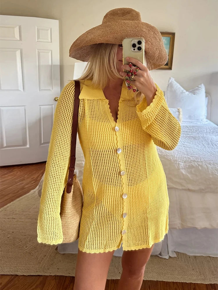 2025 Summer Women's Loose V Neck Button Coverup Cardigan Sexy Knit Mesh Beach Dress Swimsuit Cover Up Casual Vacation Wear K187