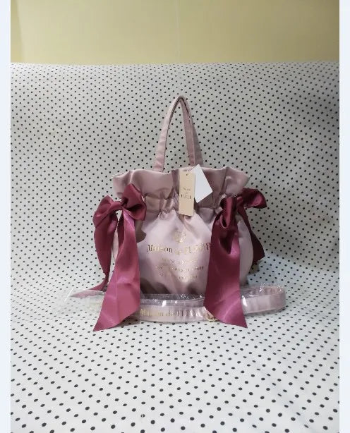 Japanese Style New Double-Sided Drawstring Bags Sweet Cute Girl Ladies Satin Bow Crossbody Shoulder Portable Handbag