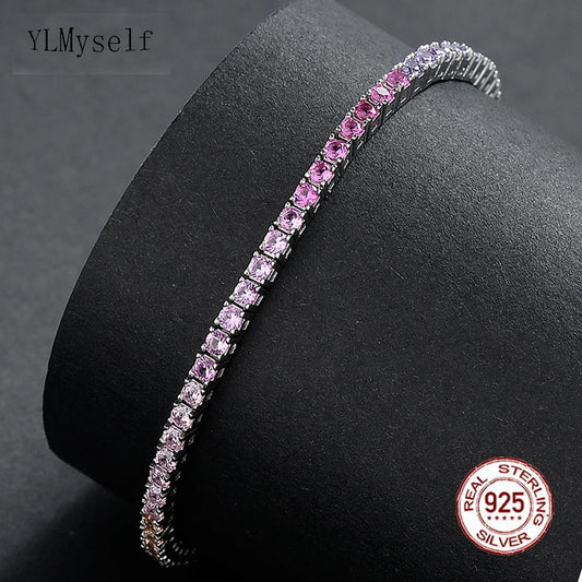 New 2 mm Rainbow Solid 925 Silver Jewelry Colorful Cubic Zircon Colorful Pretty Tennis Chain Bracelets