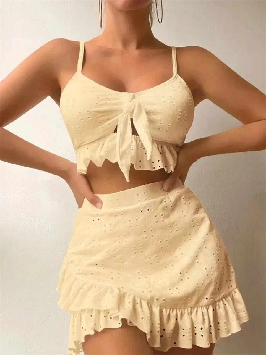 Sexy White 3 Piece Bikinis Set 2025 Women Halter Cut Out Tie Up Ruffles Push Up Skirt Swimsuit Bathing Suit High Waist Swimwear