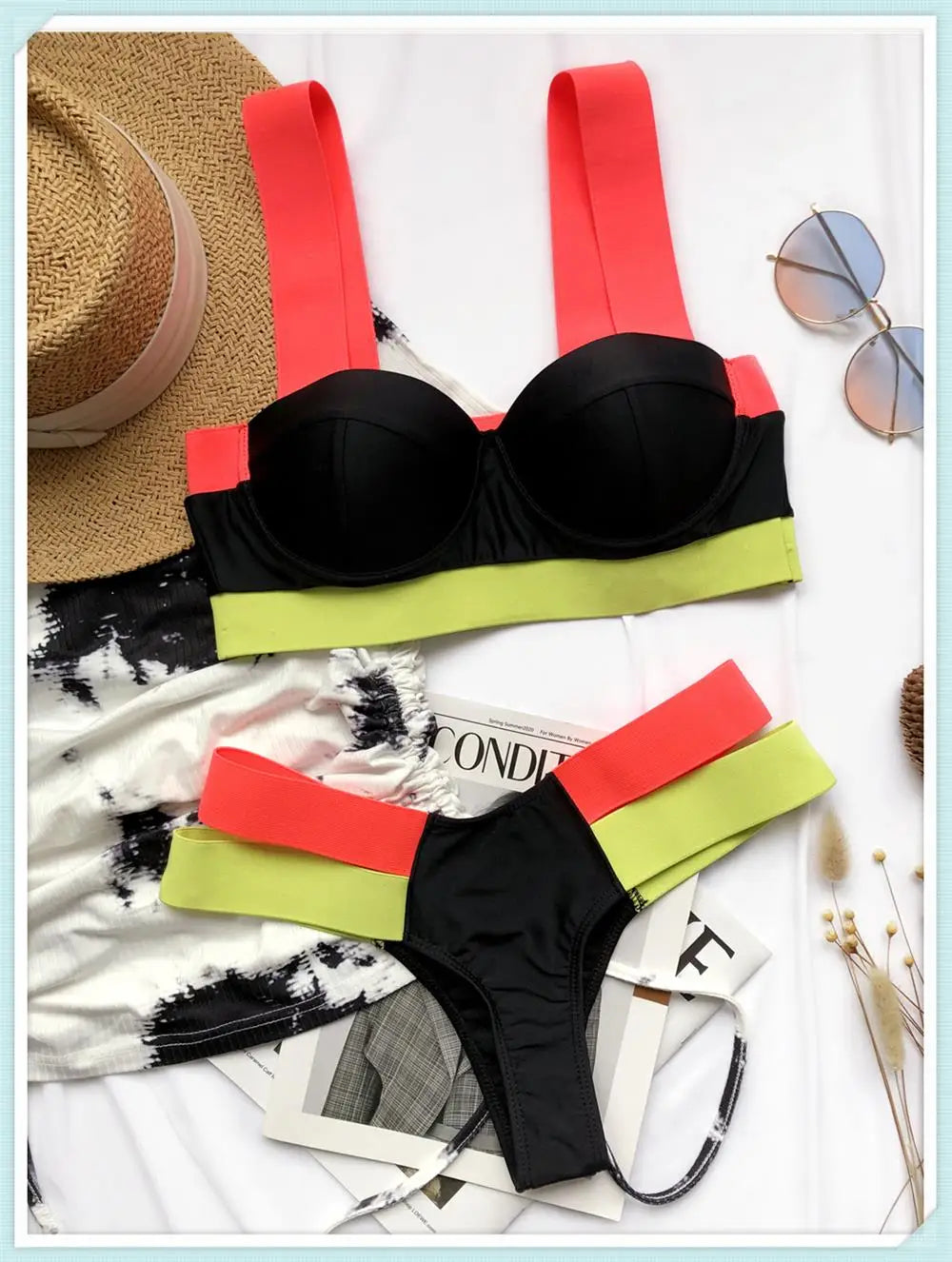 Solid Bandage Bikini Women Push Up Swimsuit Sexy Swimwear Female Brazilian Bathing Swimming Suit Bather Splicing Color Beachwear