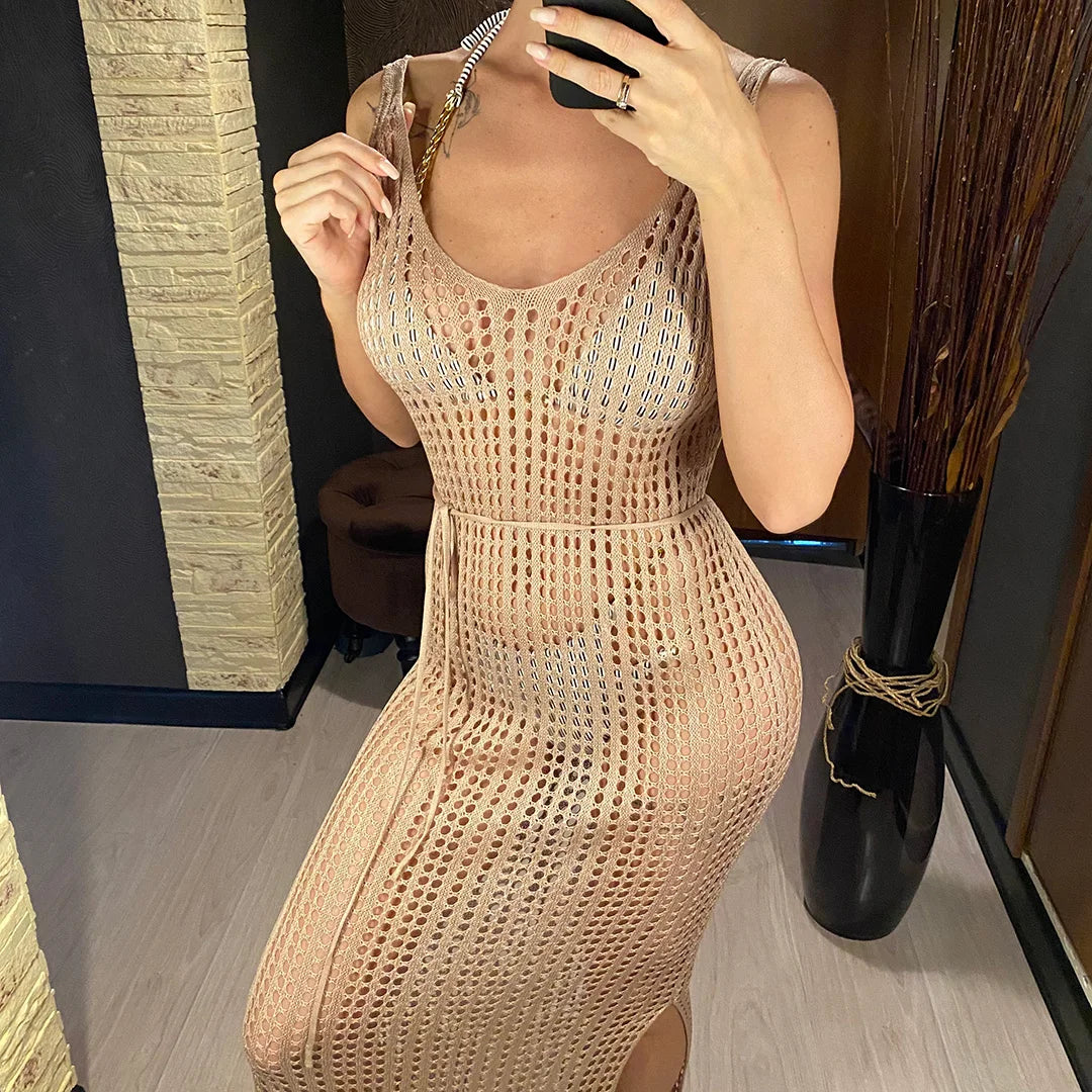 S - XL Backless Hollow out Knitted Crochet Tunic Beach Cover Up Cover-ups Beach Dress Beach Wear Beachwear Female Women V3660