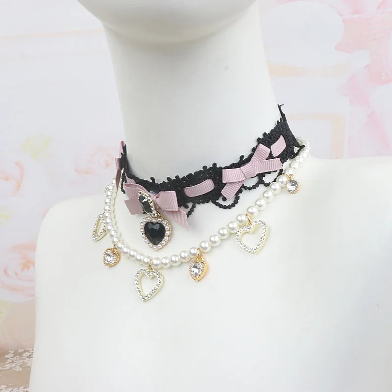 Lolita-Style Lace Choker Pearl Heart Rhinestone Necklace Lolita Pendant Girl Sweet Pearl Necklace with Heart Pendant for Women
