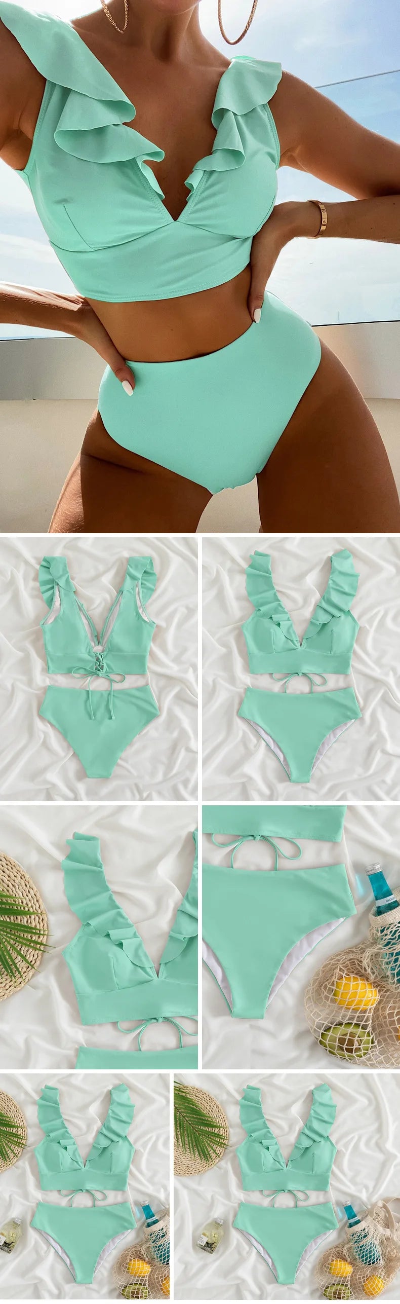 Solid Color Sexy V-neck Ruffle Bikini 2024 Women 2 Piece Swimwear Push Up Padded High Waist Swimsuit Summer Beach Bathing Suit