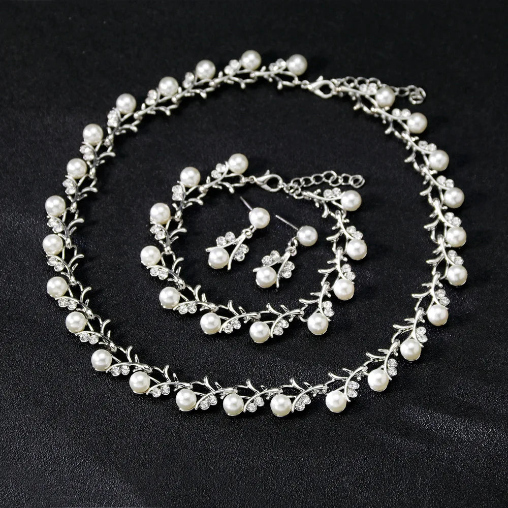 Classic Imitation Pearl Necklace Earring Bracelet for Women Kpop Fashion Gold Color Zircon Wedding Jewelry Sets Bride Accesories