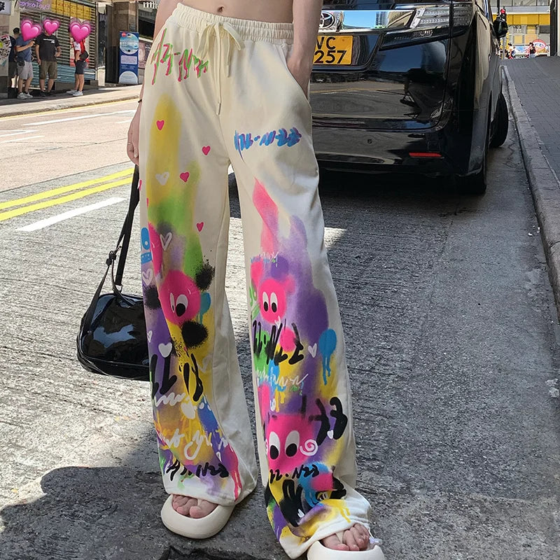Kawaii Cute Dopamine Graffiti Casual Pants Women Tie Dye Summer Elastic High Waiste Drawstring Pockets Loose Wide Leg Trousers