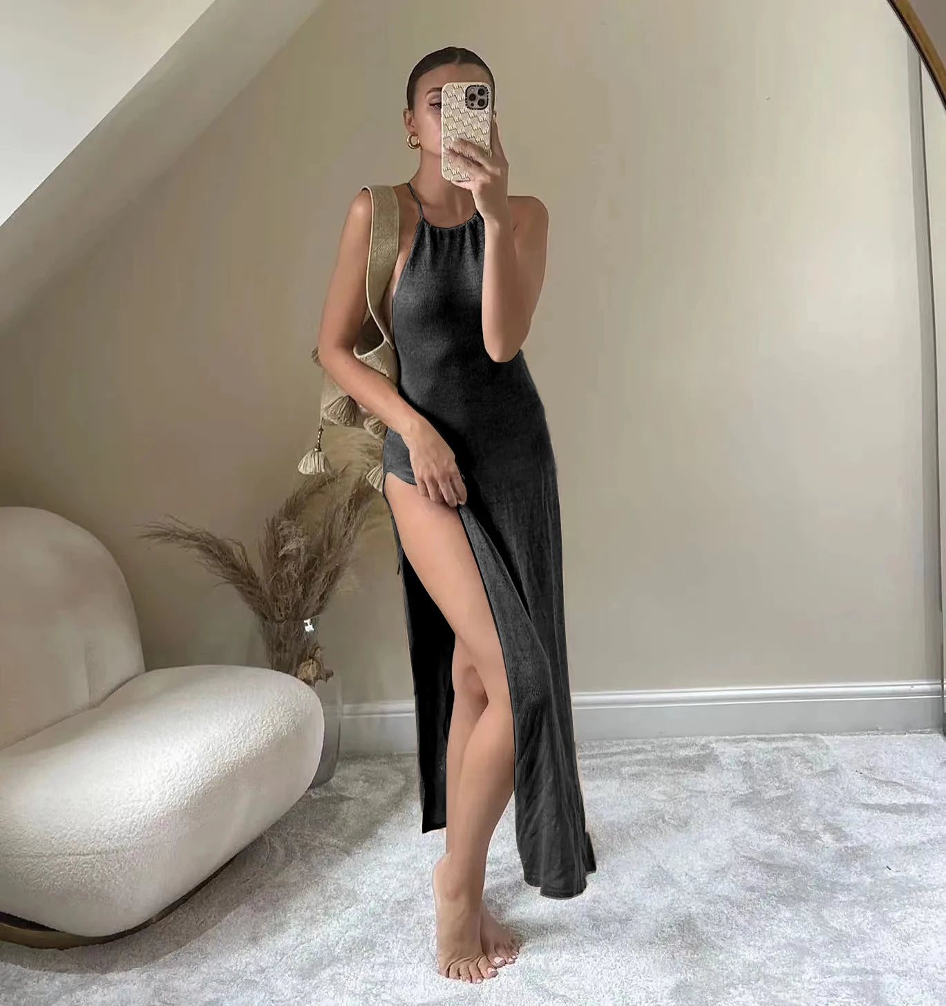 Para Praia Knitted Cover Up Beach Dress Sexy See Through Slit Bodycon Summer Dress Bikinis Cover-ups  Elegant Halter Beachdress