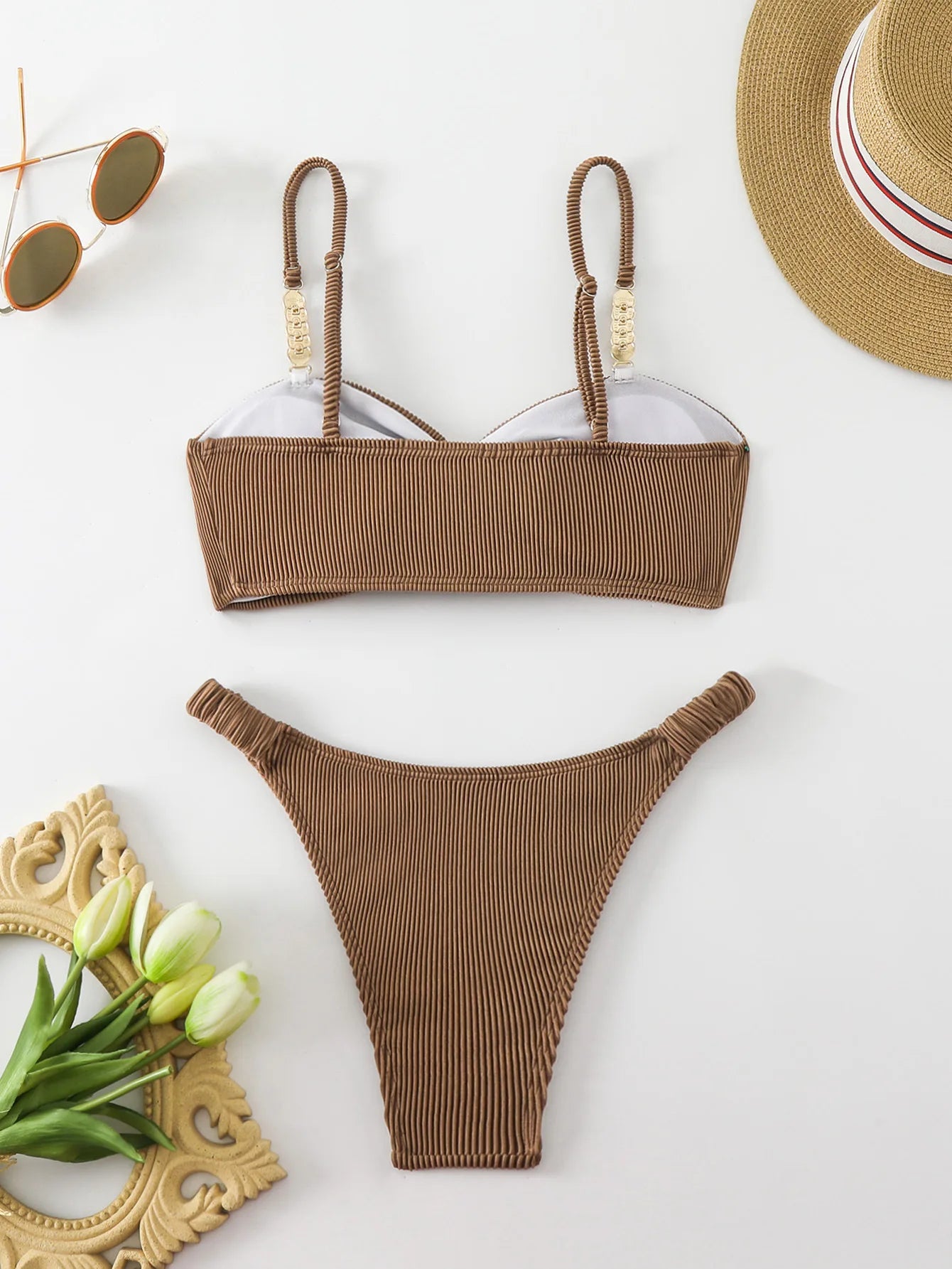 Sexy Micro Bikinis Sets Two Pieces Swimsuit Brown Swimwear Female Thong Brazilian Biquini Bandeau Ribbed Beach Wear Bathing Suit