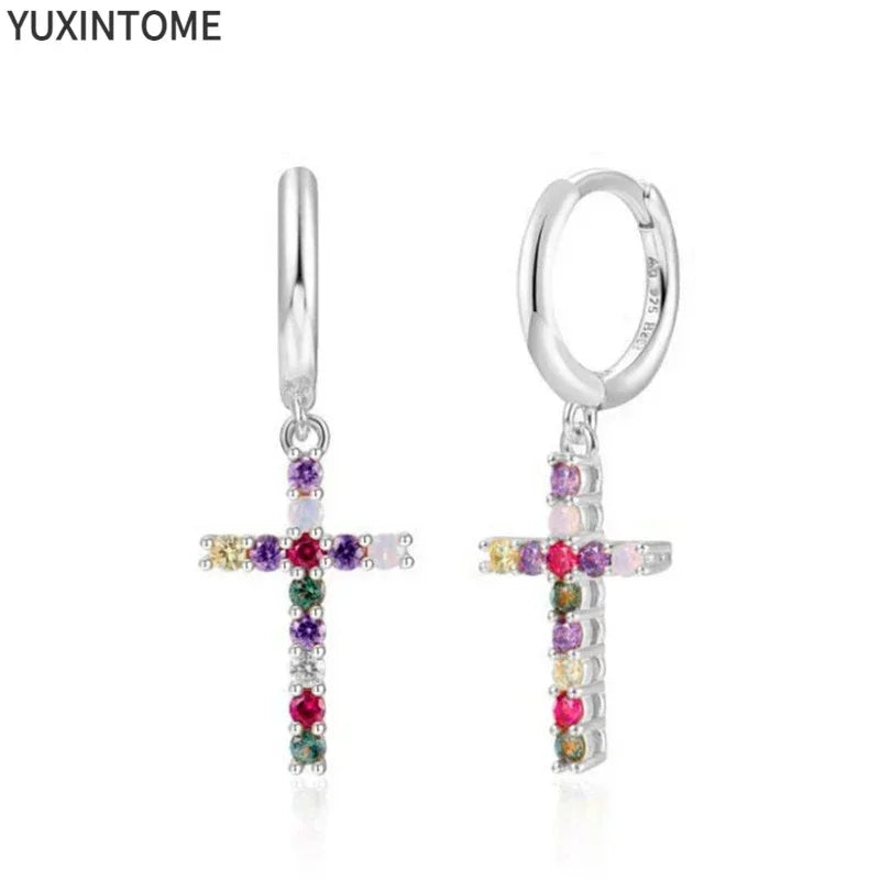 Colorful Crystal Earrings 925 Sterling Silver Ear Needle Stud Earrings for Women Cross Dangle Earrings Party Wedding Jewelry