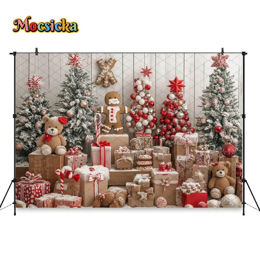 Mocsicka Christmas Gift Room Background for Winter Kid Photography Xmas Tree Gingerbread Man Snowy Backdrop Decor Photo Studio