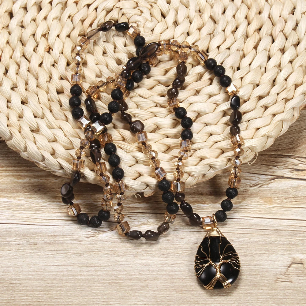 New Fashion Bohemian Spring Women Jewelry 6mm Natural Stone Knot Necklace Hand Wrapped Life Tree Stone Drop Pendant Necklace