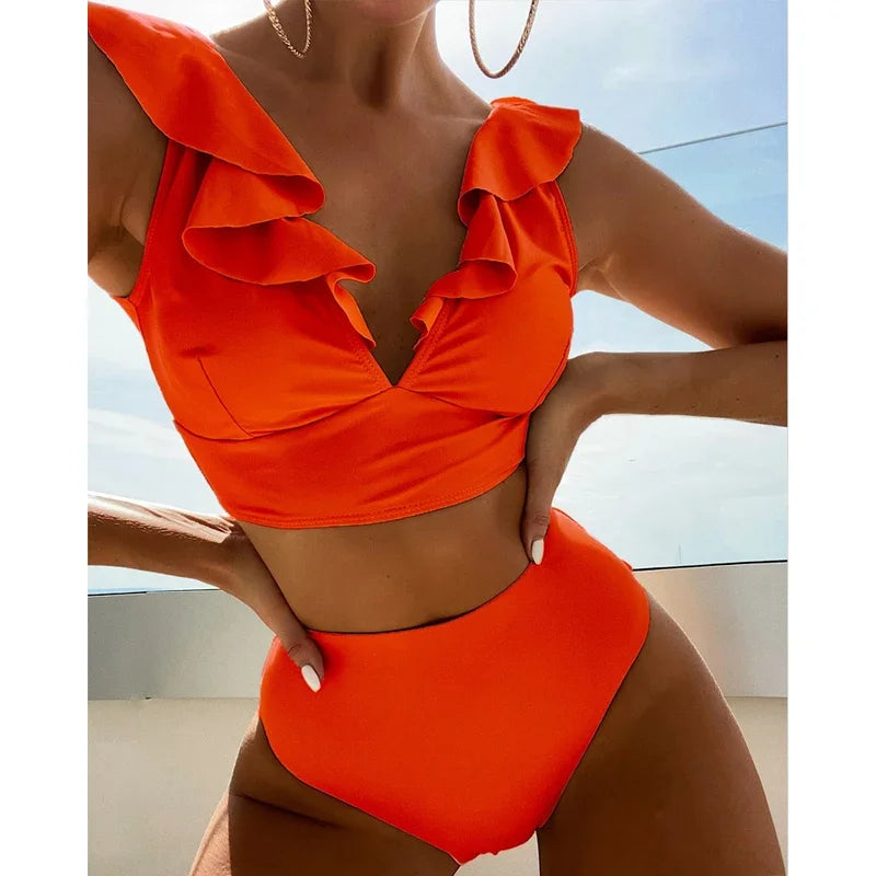 Solid Color Sexy V-neck Ruffle Bikini 2024 Women 2 Piece Swimwear Push Up Padded High Waist Swimsuit Summer Beach Bathing Suit