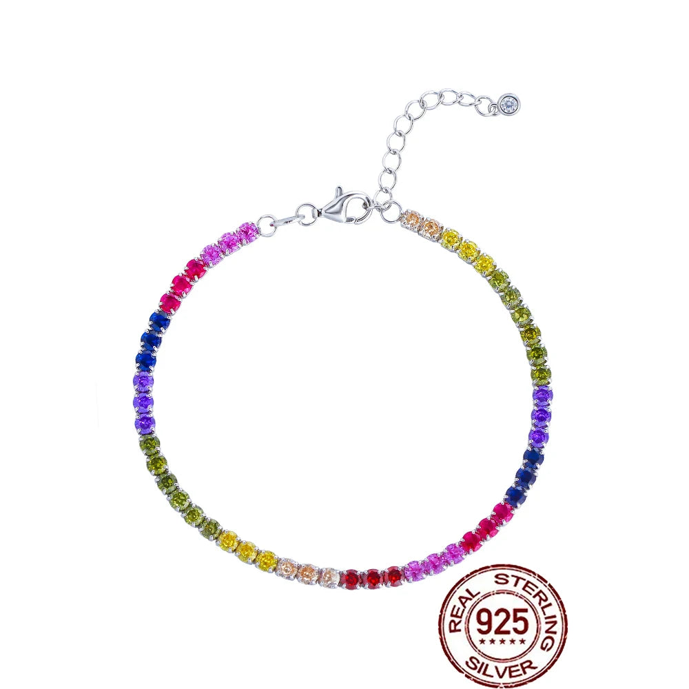 CWWZircons Sterling Silver 925 Multicolor Rainbow Tourmaline Tennis Chain Bracelets for Women Party Colorful CZ Jewelry SB018