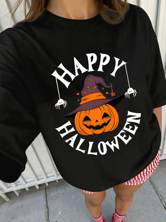 Women's Black Short Sleeve T- Shirt Happy Halloween Pumpkin Graphic Festive Stylish Casual Top Kawaii Clothes Women Clothing