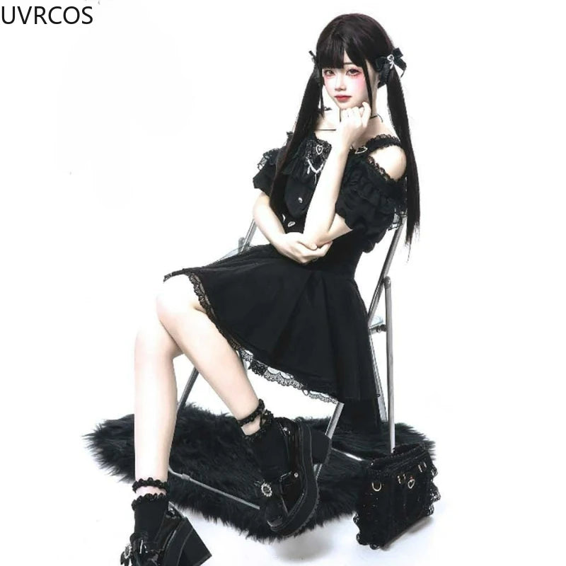 Japanese Gothic Y2k Lolita Style Skirt Sets Women Sweet Bow Off Shoulder Shirts Cute Mini Cake Skirts Korean Fashion Party Suit