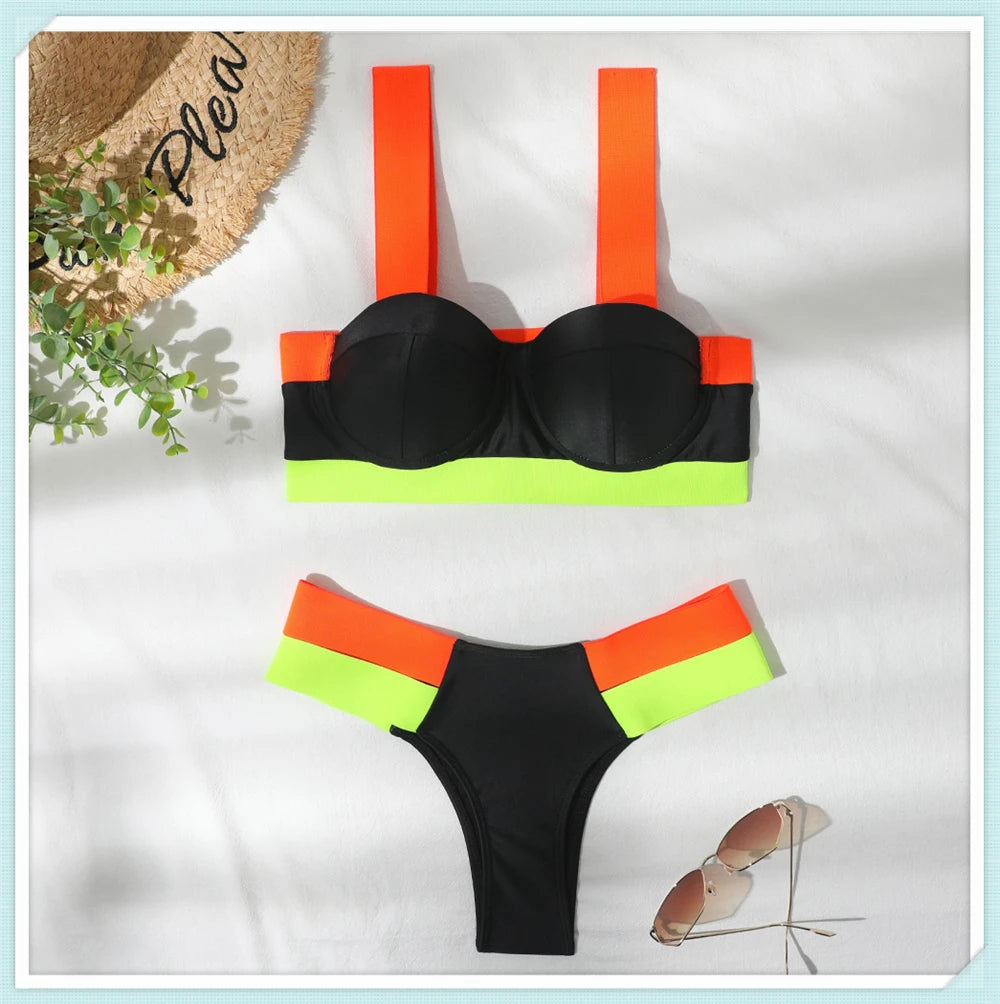 Solid Bandage Bikini Women Push Up Swimsuit Sexy Swimwear Female Brazilian Bathing Swimming Suit Bather Splicing Color Beachwear