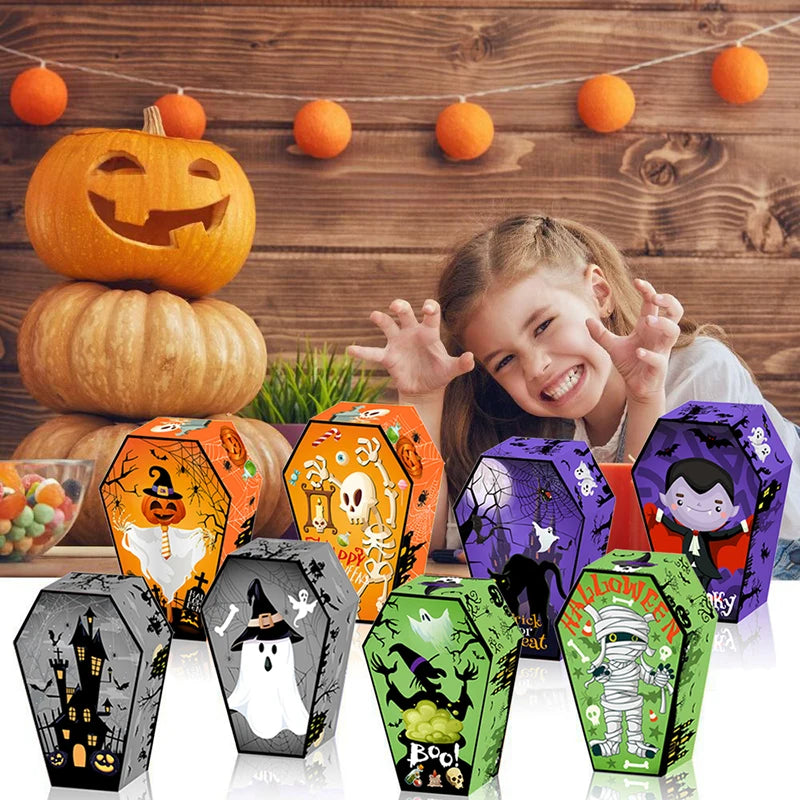 12pcs Halloween Coffin Shape Snack Box Skull Bat Ghost Goodie Boxes for Happy Halloween Party Decor Supply Trick or Treat Box