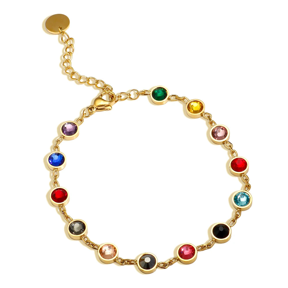 JINHUI Colorful Bejeweled Bangle Popularity TS Stainless Steel Bracelets for Women 12 Birthstones Rainbow Crystal Chain Jewelry