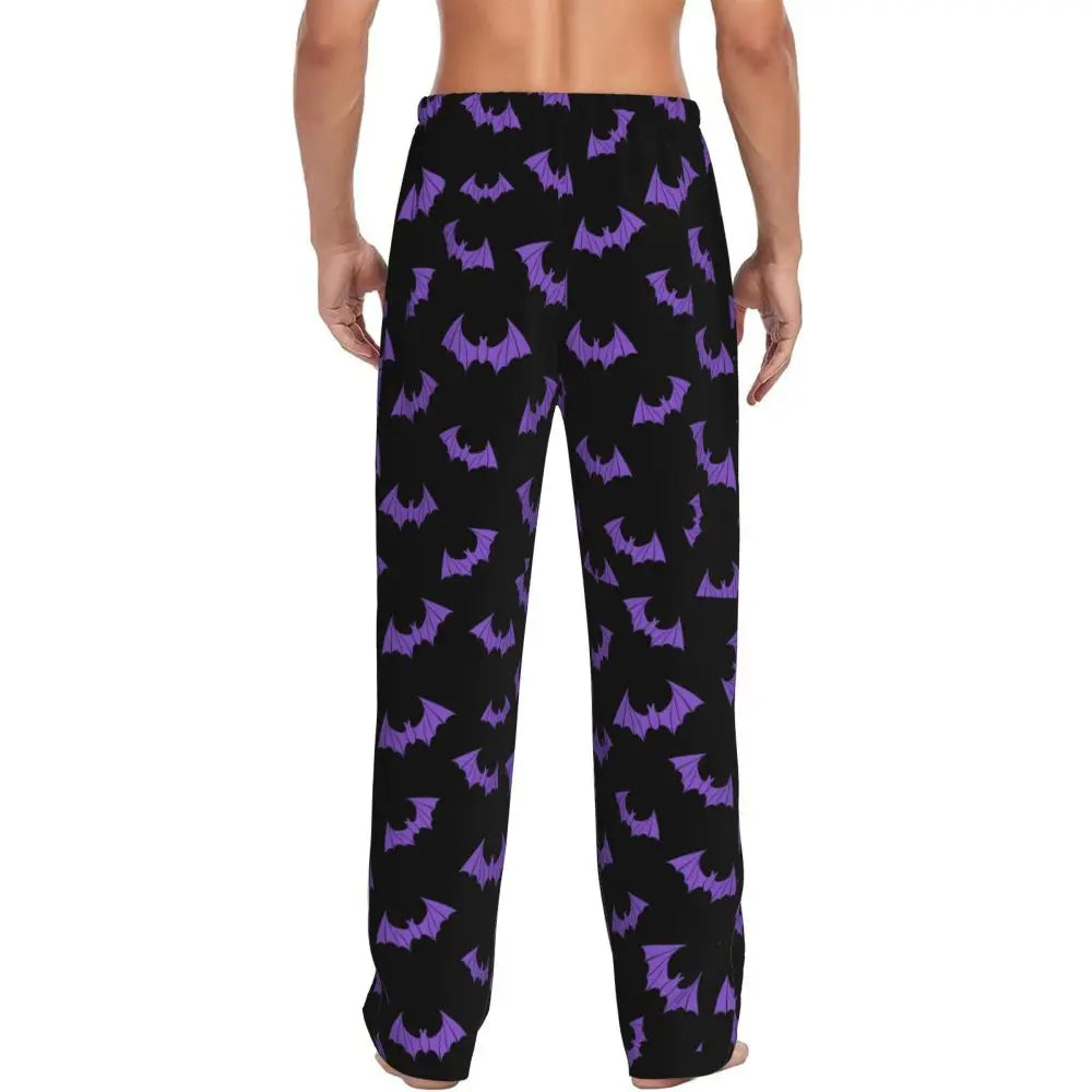 Custom Cute Spooky Halloween Bats Black And Purple Pajama Pants for Men Lounge Sleep Drawstring Sleepwear Bottoms with Pockets