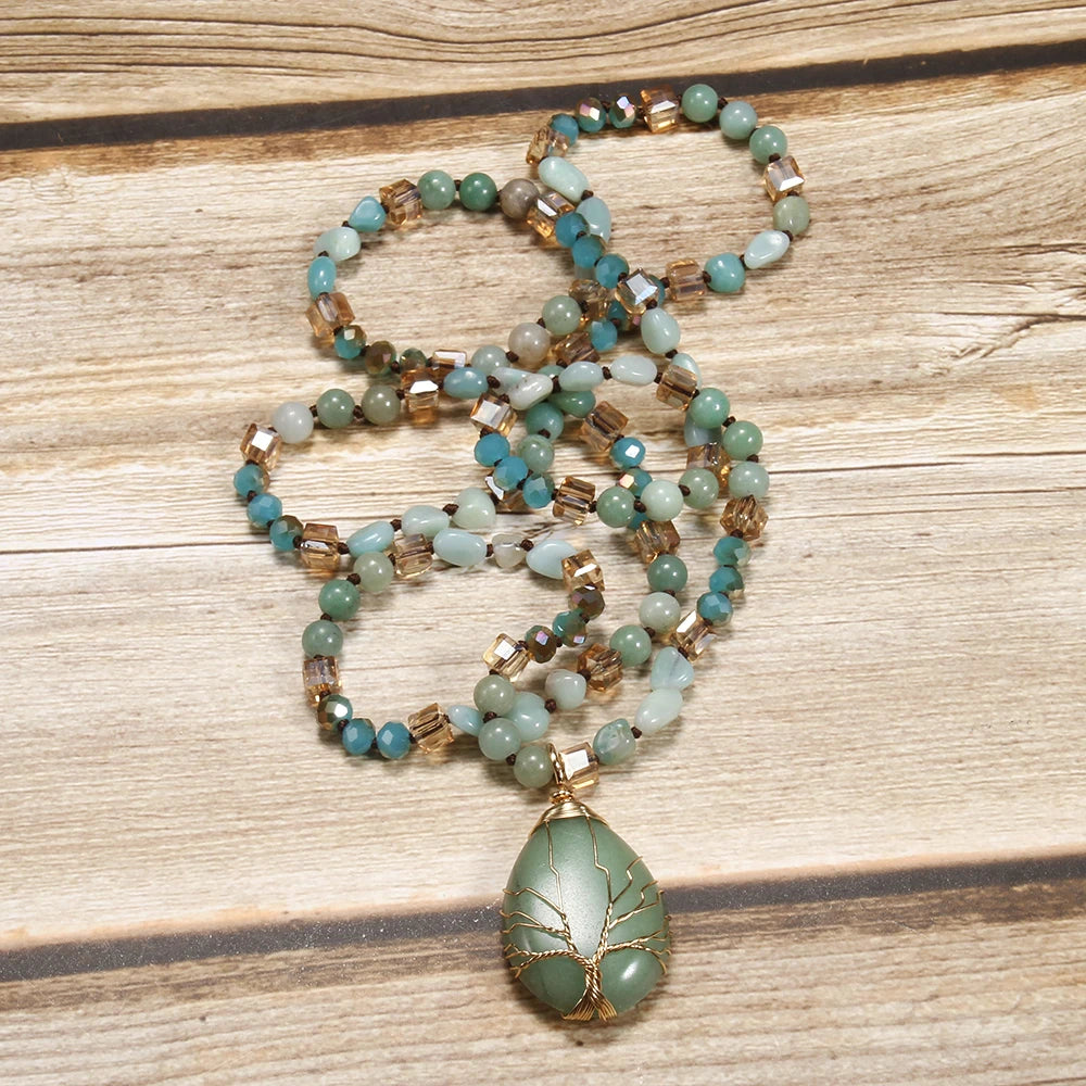 New Fashion Bohemian Spring Women Jewelry 6mm Natural Stone Knot Necklace Hand Wrapped Life Tree Stone Drop Pendant Necklace