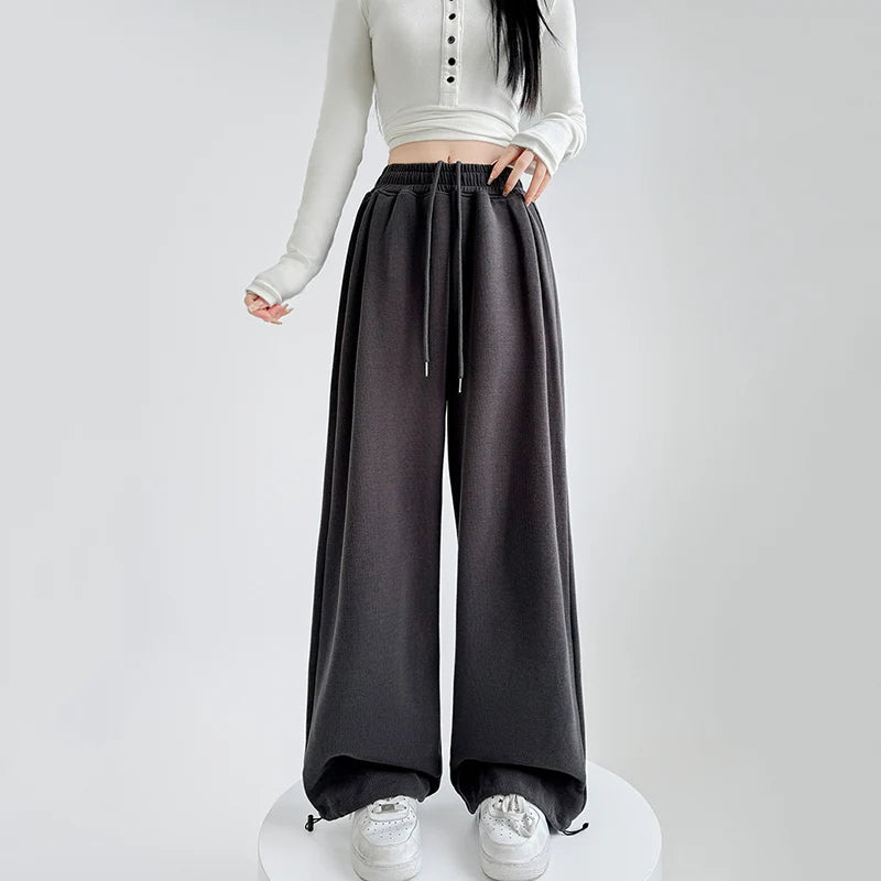 Black Gray High Waist Sweatpants Women Spring Autumn Elastic Waisted Wide Leg Trousers Woman Comfort Straight Loose Sport Pants