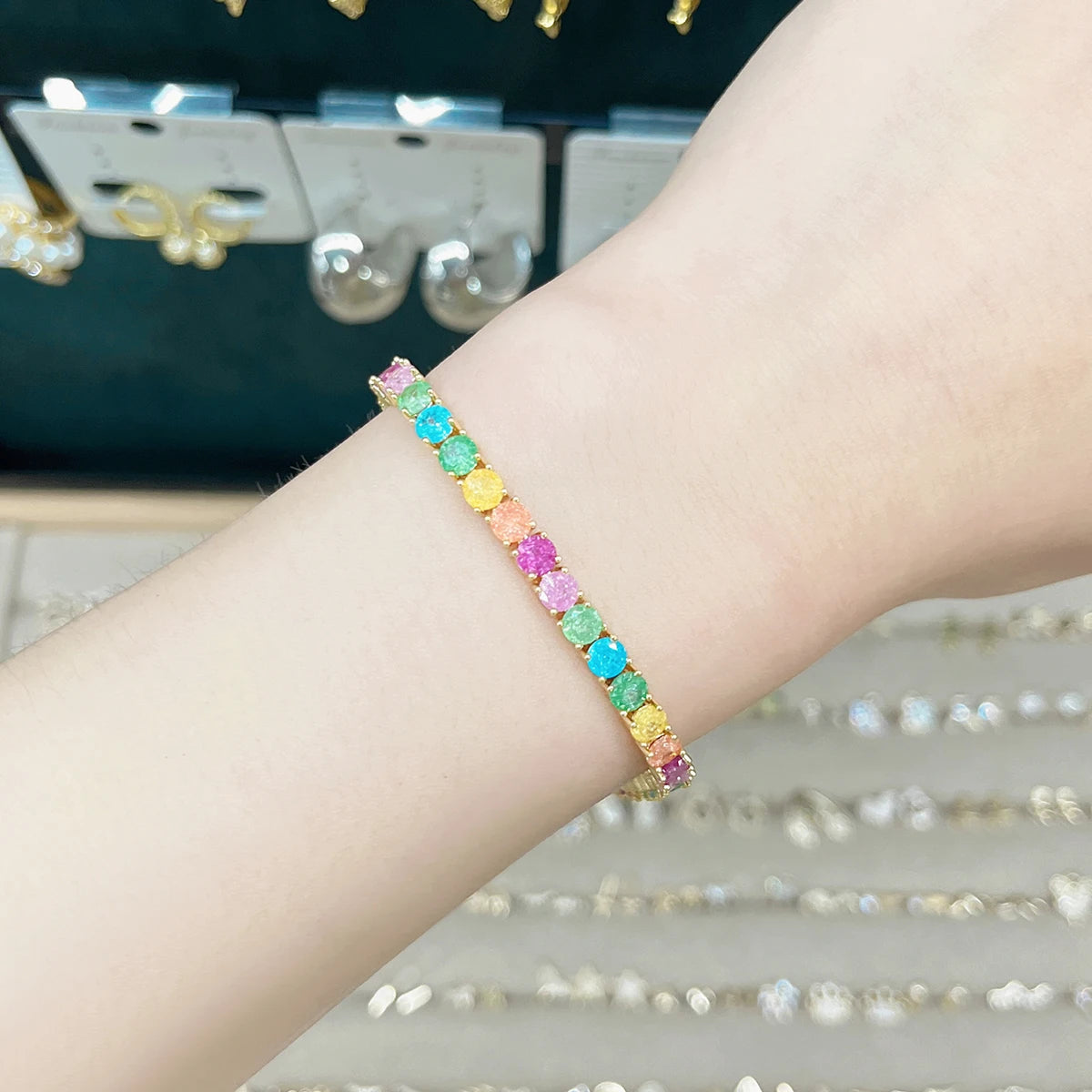 MHS.SUN 2024 New Luxury Rainbow Crystal Tennis Bracelet For Women Colorful Zirconia Femme Bridal Wedding Jewelry Christmas Gift