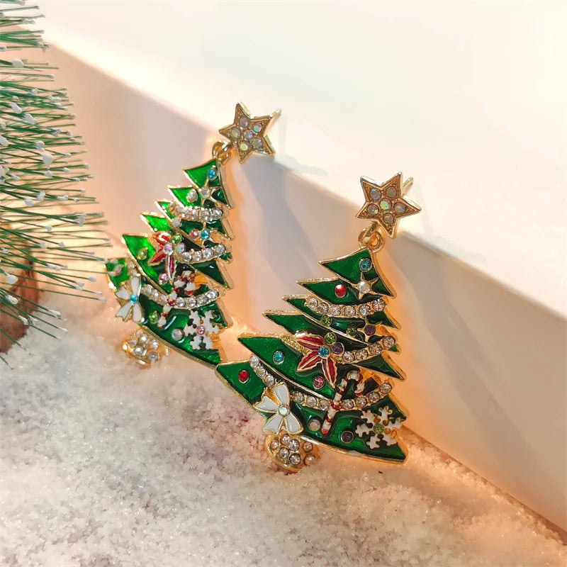 Green Christmas Tree Zircon Crystal Star Earrings Stud For Women Dangle Xmas Party Jewelry Party Gift