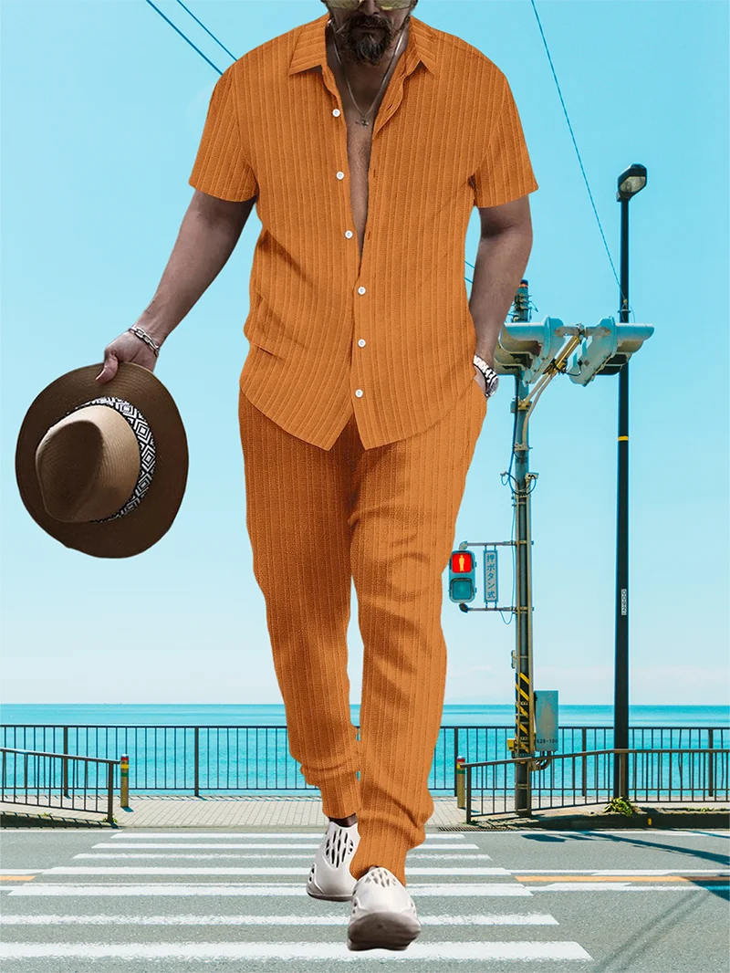 Ultra-thin Ultra-light Summer Men's Shirt Casual Loose Short Sleeve + Trousers Beach Suit Surf Casual Solid Color Lapel Suit