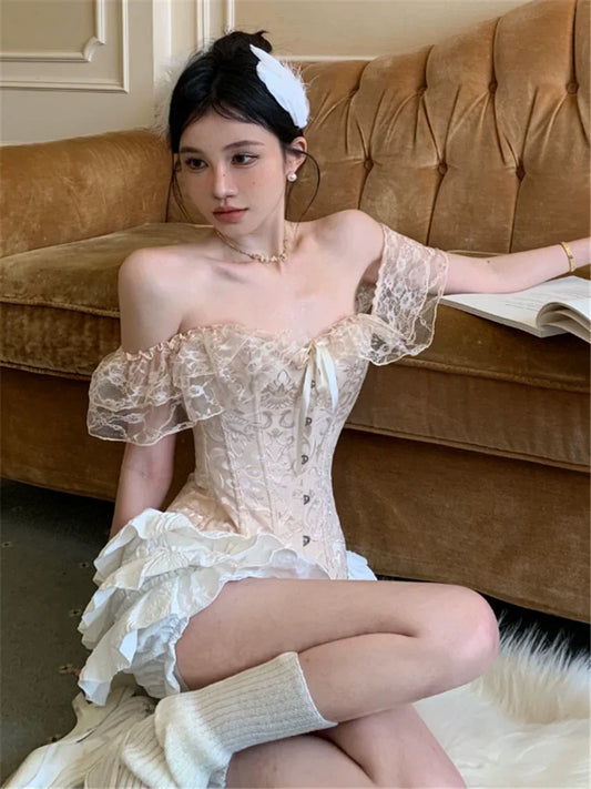 Palace Style Black Fashion Two Piece Sets Women Off Shoulder Lace Up Corset Shirt&Mini Cake Skirt 2025 New Summer 2 Piece Sets