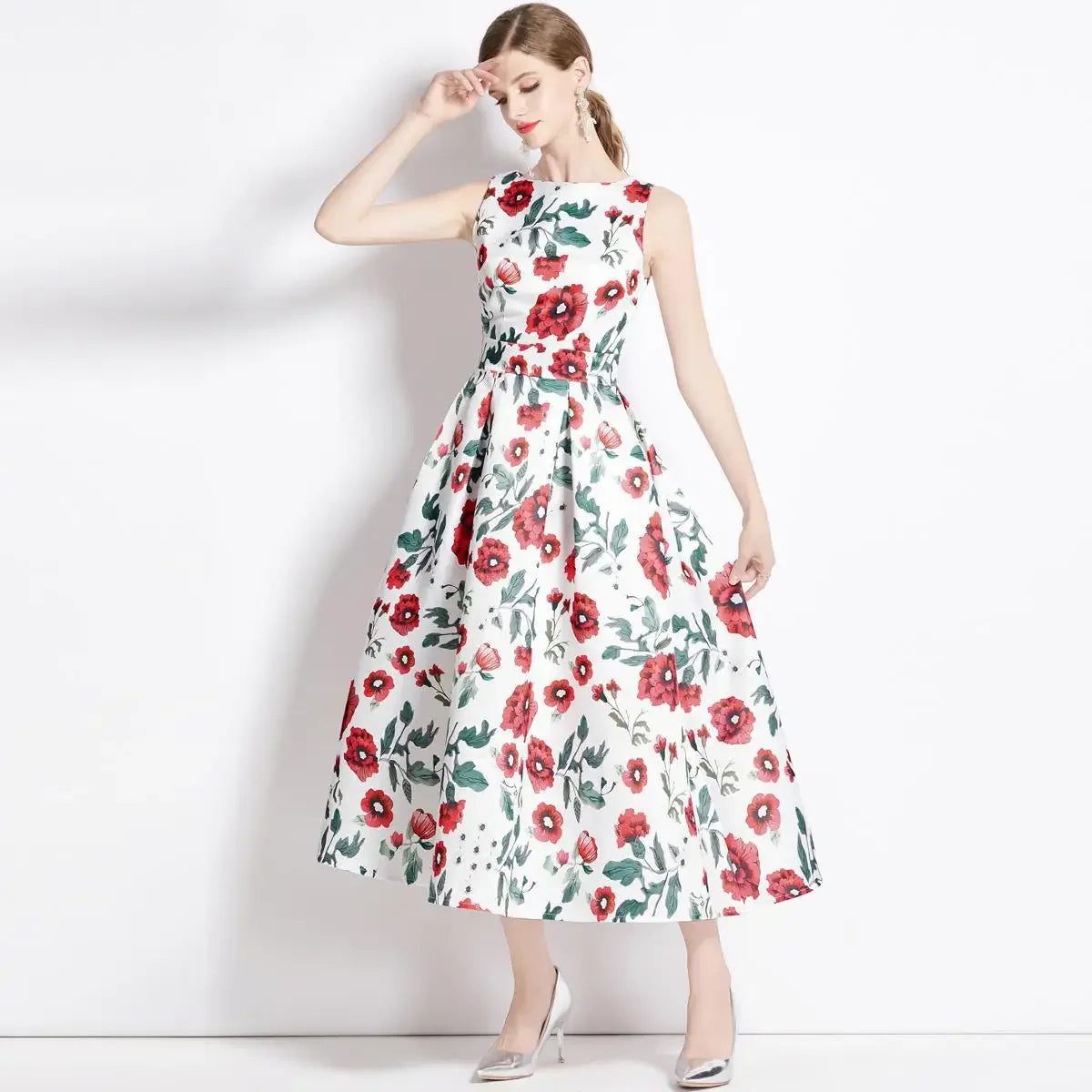 Summer New Long Floral Print Dress Big Hemline Slimming Fashionable Umbrella Skirt Style Sleeveless Women's Dress