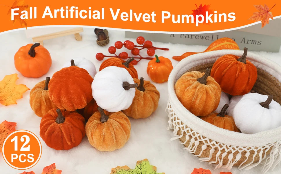 12pcs Pumpkin Decor Velvet Artificial Pumpkin Fall Pumpkin Decor For Autumn Thanksgiving Harvest Festival Halloween Decoration
