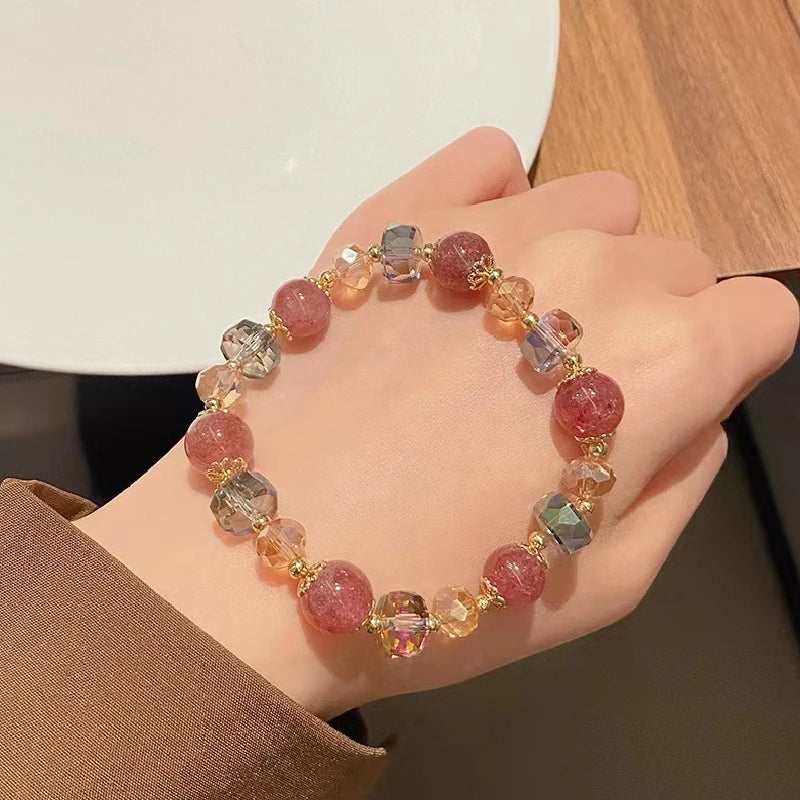 Fashion Natural Strawberry Crystal Bracelets For Women Light Luxury Pink String Beaded Elastic Bangles Party Jewelry Gift