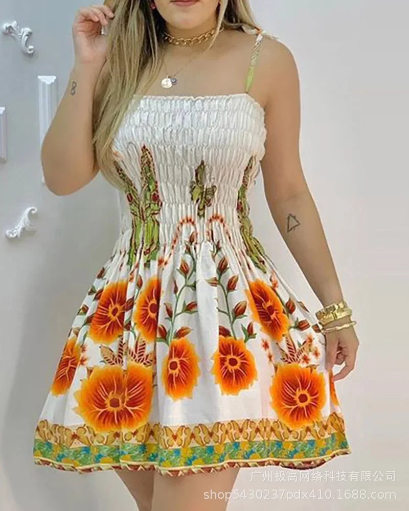 Floral Flower Printed Women Sleeveless Mini Dress Slash Neck High Waist Pleated Dress